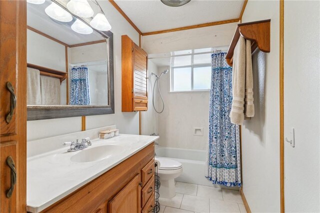 448 Lynnmeade Rd, Gretna, LA 70056 - full bath with vanity, shower / tub combo with curtain, tile patterned flooring, and ornamental molding