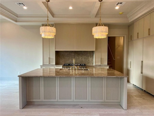 138 Wood Duck Dr, Belle Chasse, LA 70037 - kitchen with a chandelier, decorative backsplash, stone countertops, crown molding, and coffered ceiling