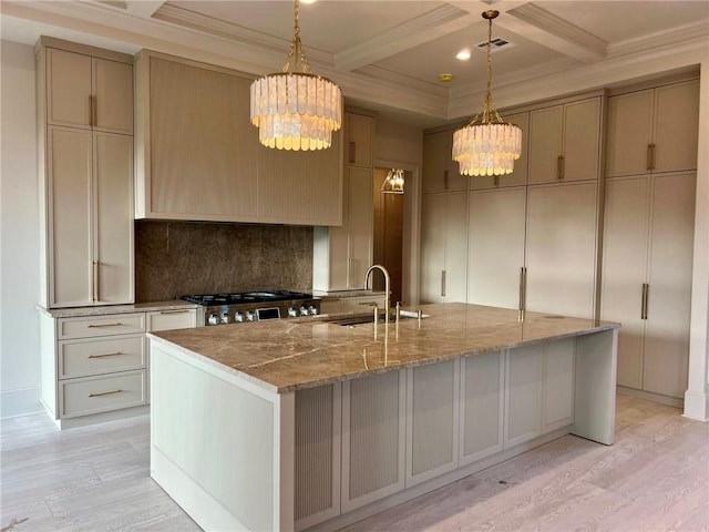 138 Wood Duck Dr, Belle Chasse, LA 70037 - kitchen with a chandelier, beamed ceiling, coffered ceiling, backsplash, and light wood-type flooring