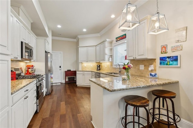 kitchen with crown molding, dark wood-type flooring, a peninsula, stainless steel appliances, and a sink