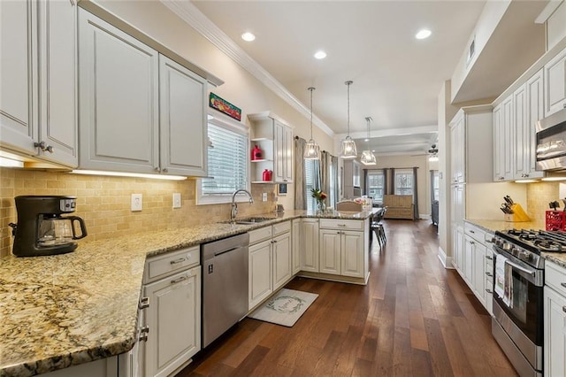 kitchen featuring ornamental molding, a peninsula, dark wood-style floors, stainless steel appliances, and a sink