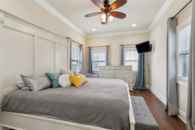 bedroom featuring recessed lighting, baseboards, dark wood-style flooring, and ornamental molding