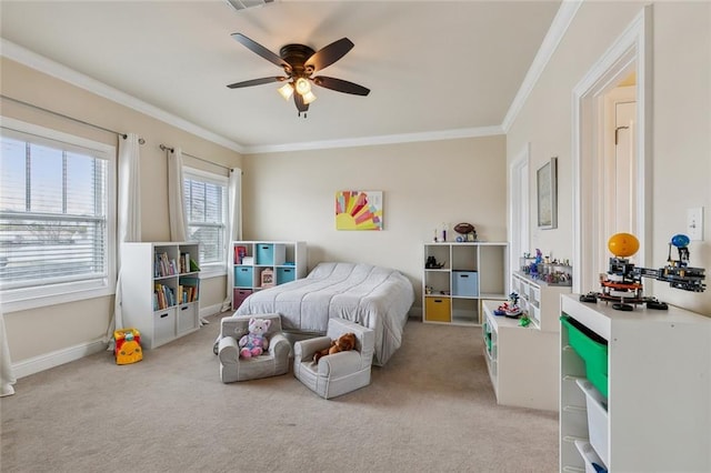 bedroom featuring visible vents, light colored carpet, baseboards, and ornamental molding