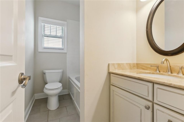 bathroom with vanity, tile patterned flooring, walk in shower, toilet, and a bathtub