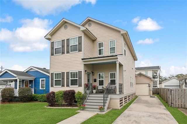 view of front of home with an outbuilding, fence, a porch, a front lawn, and a garage