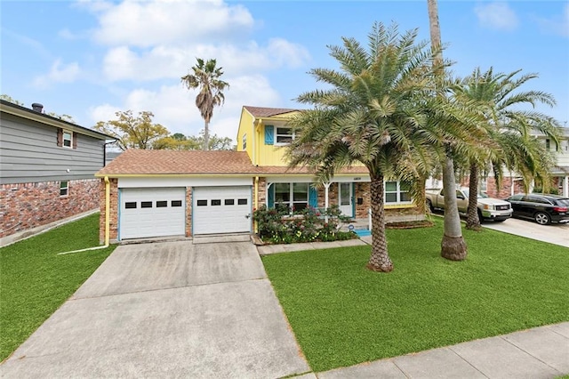 view of front of property featuring brick siding, a garage, a front yard, and driveway