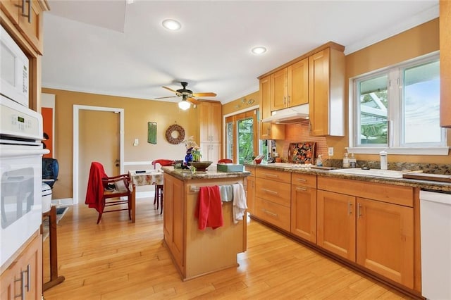 kitchen featuring crown molding, ceiling fan, under cabinet range hood, white appliances, and a sink