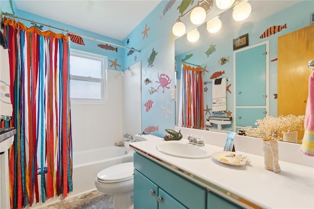 full bath featuring shower / bath combination with curtain, wallpapered walls, vanity, and toilet