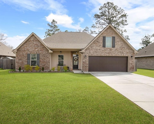 view of front of home featuring brick siding, a garage, a front lawn, and driveway