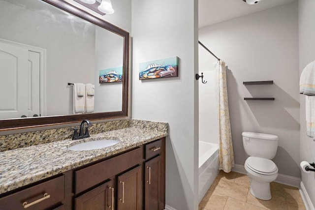 bathroom featuring baseboards, toilet, shower / tub combo with curtain, tile patterned floors, and vanity