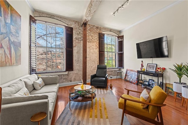 living area featuring track lighting, ornamental molding, baseboards, and wood finished floors