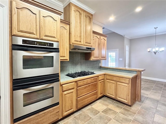 kitchen with a peninsula, light countertops, under cabinet range hood, double oven, and black gas stovetop