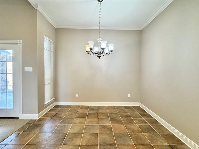 unfurnished dining area with baseboards, dark tile patterned flooring, a chandelier, and crown molding