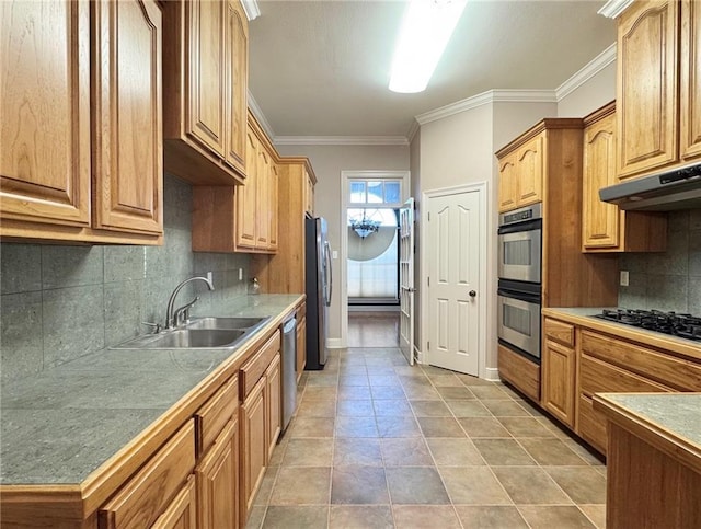 kitchen with tasteful backsplash, under cabinet range hood, ornamental molding, appliances with stainless steel finishes, and a sink