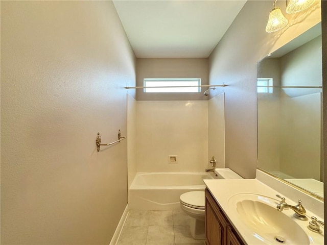 bathroom featuring vanity, baseboards,  shower combination, tile patterned flooring, and toilet