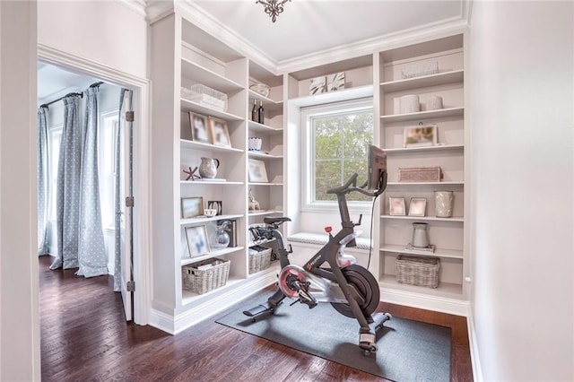 exercise area with built in features, dark wood-type flooring, baseboards, and ornamental molding