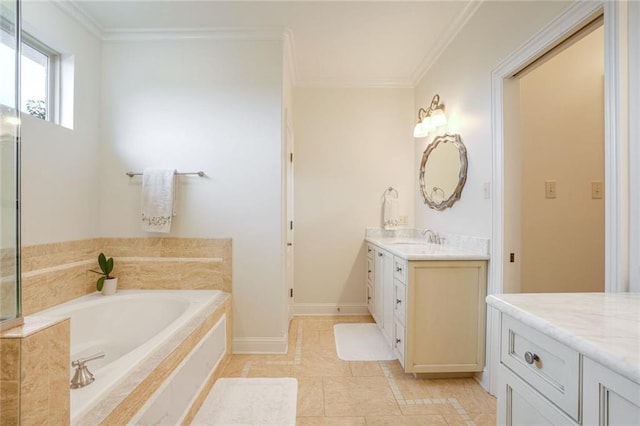 full bathroom featuring a bath, vanity, baseboards, and ornamental molding