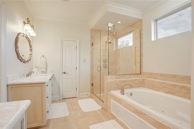 bathroom with a stall shower, a garden tub, ornamental molding, and vanity