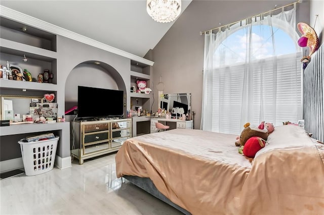 5227 Shady Park Dr, Marrero, LA 70072 - bedroom featuring vaulted ceiling, ornamental molding, and a chandelier