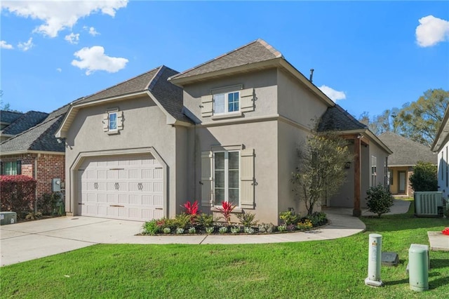 view of front of house with central AC unit, an attached garage, stucco siding, a front lawn, and concrete driveway