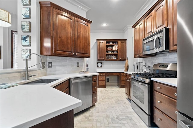 kitchen with tasteful backsplash, a sink, crown molding, stainless steel appliances, and open shelves