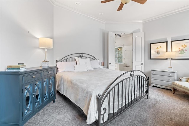 carpeted bedroom featuring ceiling fan and ornamental molding