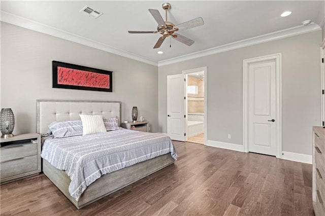 bedroom with visible vents, crown molding, baseboards, recessed lighting, and wood finished floors