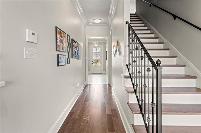 interior space featuring crown molding, stairway, wood finished floors, and baseboards