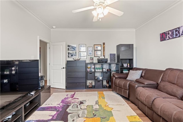 living area featuring crown molding, ceiling fan, and wood finished floors