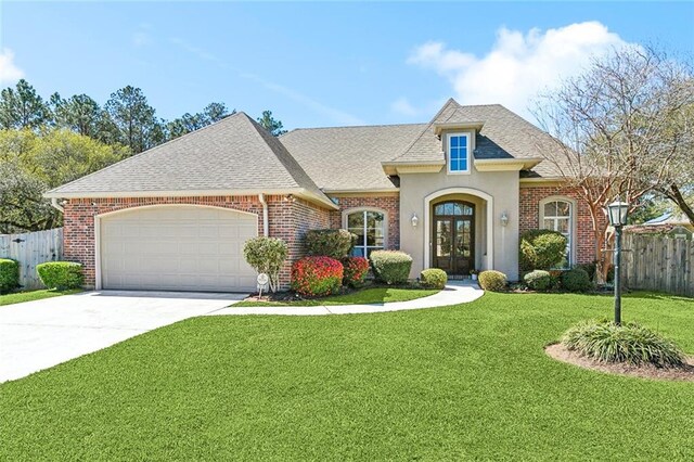 french provincial home with a front yard, fence, an attached garage, concrete driveway, and brick siding