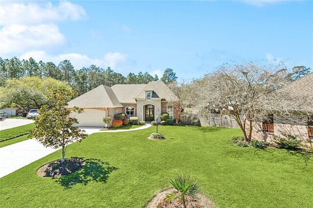 french country style house featuring concrete driveway, a garage, fence, and a front yard