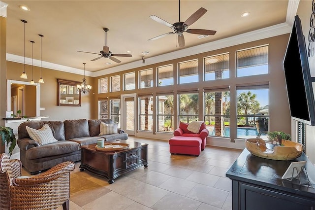 318 Cape Breton Dr, Slidell, LA 70458 - living room with plenty of natural light, ceiling fan with notable chandelier, and crown molding