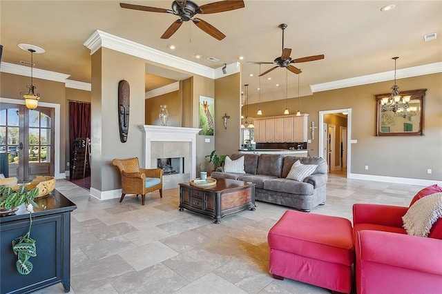 318 Cape Breton Dr, Slidell, LA 70458 - living room featuring recessed lighting, ceiling fan with notable chandelier, a fireplace, and baseboards