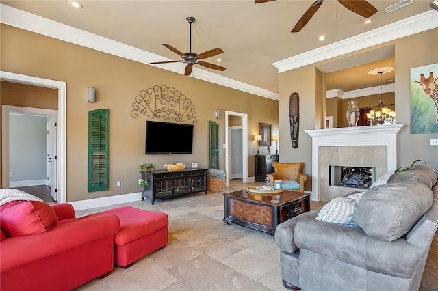 318 Cape Breton Dr, Slidell, LA 70458 - living room with a tiled fireplace, visible vents, baseboards, and ceiling fan