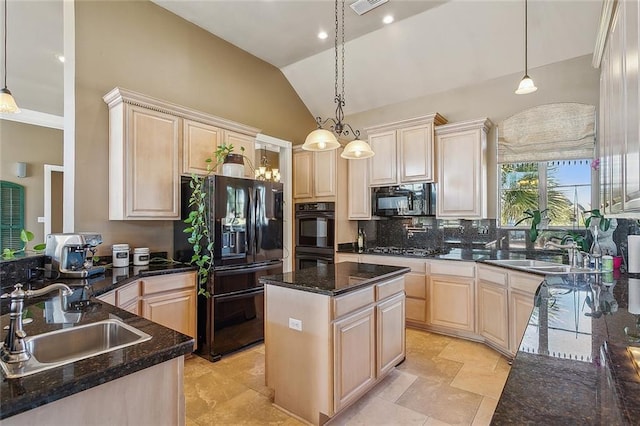 318 Cape Breton Dr, Slidell, LA 70458 - kitchen with light brown cabinetry, black appliances, lofted ceiling, and a sink