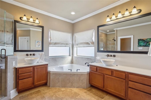 318 Cape Breton Dr, Slidell, LA 70458 - full bathroom featuring a sink, a stall shower, ornamental molding, and a bath