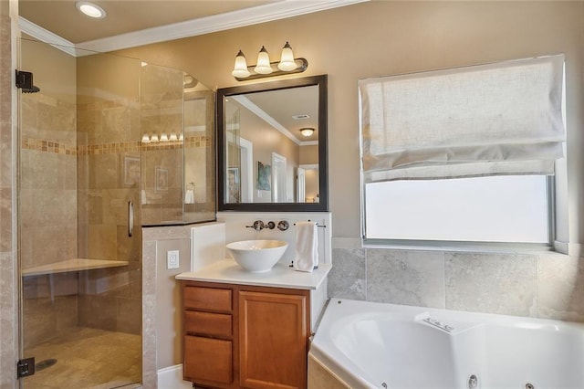 318 Cape Breton Dr, Slidell, LA 70458 - full bath with ornamental molding, a stall shower, vanity, and a whirlpool tub