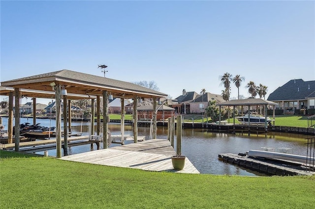 318 Cape Breton Dr, Slidell, LA 70458 - view of dock featuring boat lift, a residential view, a yard, and a water view