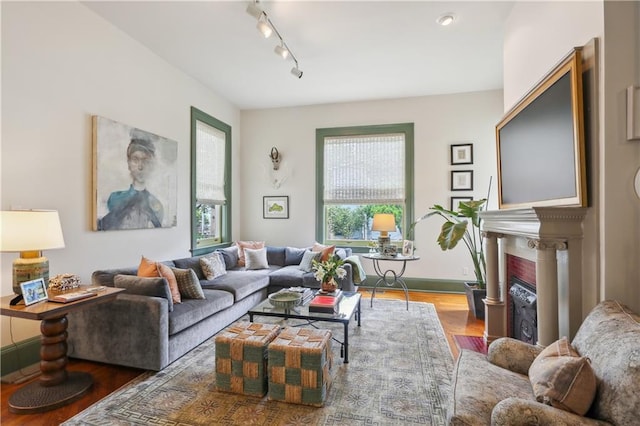 1930 Napoleon Ave, New Orleans, LA 70115 - living room featuring wood finished floors, a fireplace with flush hearth, and track lighting