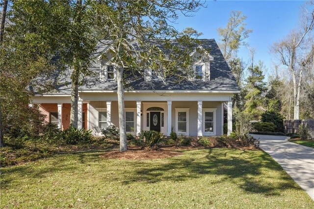 cape cod-style house featuring a front lawn, concrete driveway, fence, and a porch