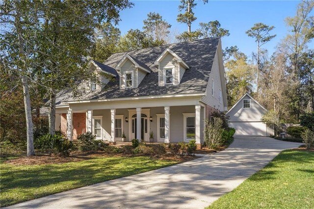 new england style home with an outbuilding, a porch, a detached garage, and a front yard