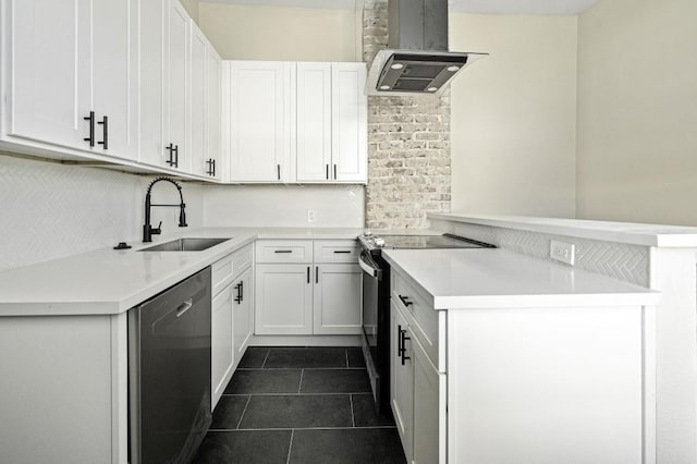 kitchen with range hood, a peninsula, electric range, a sink, and dishwasher