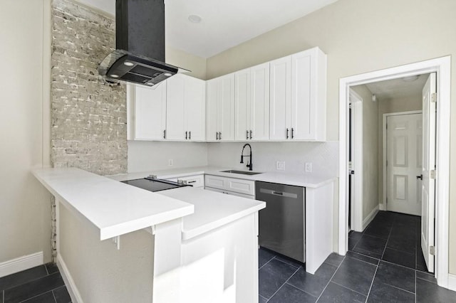 kitchen featuring dishwasher, dark tile patterned flooring, ventilation hood, and a sink