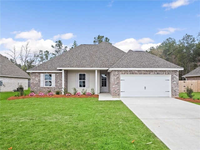 72694 Robindale Dr, Covington, LA 70435 - ranch-style home featuring an attached garage, concrete driveway, brick siding, a front lawn, and roof with shingles