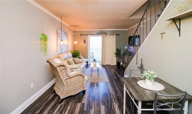 3805 Houma Blvd Unit 219A, Metairie, LA 70006 - living room with stairs, wood finished floors, and crown molding