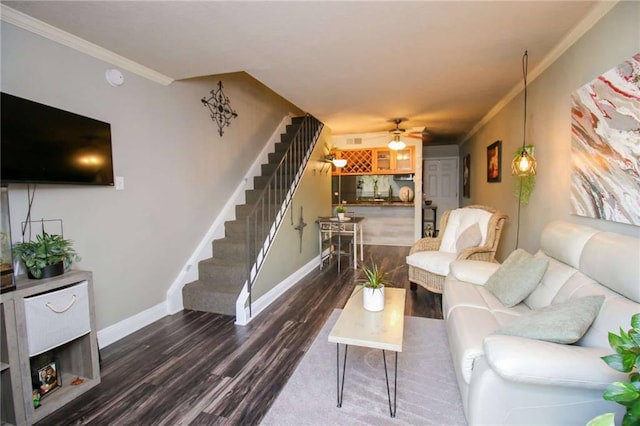 3805 Houma Blvd Unit 219A, Metairie, LA 70006 - living room with stairway, a ceiling fan, wood finished floors, and crown molding