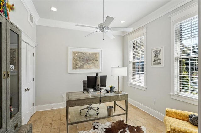 office with recessed lighting, ornamental molding, baseboards, visible vents, and a ceiling fan