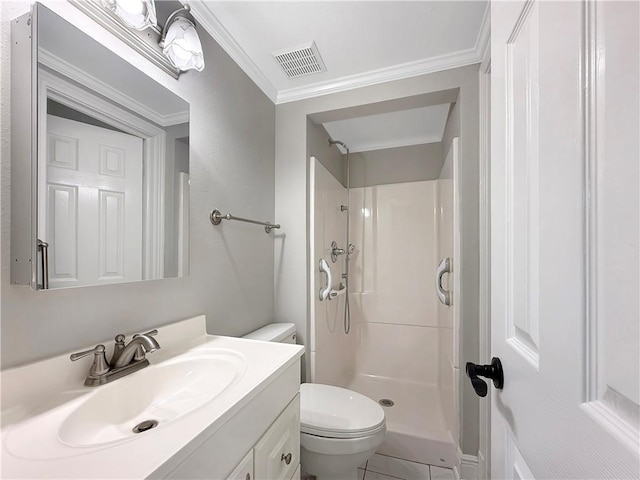 508 Sena Dr, Metairie, LA 70005 - bathroom featuring a stall shower, crown molding, and vanity