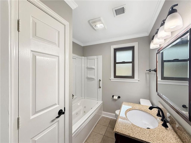 508 Sena Dr, Metairie, LA 70005 - bathroom featuring vanity, tile patterned flooring, crown molding, and a combined bath / shower with jetted tub