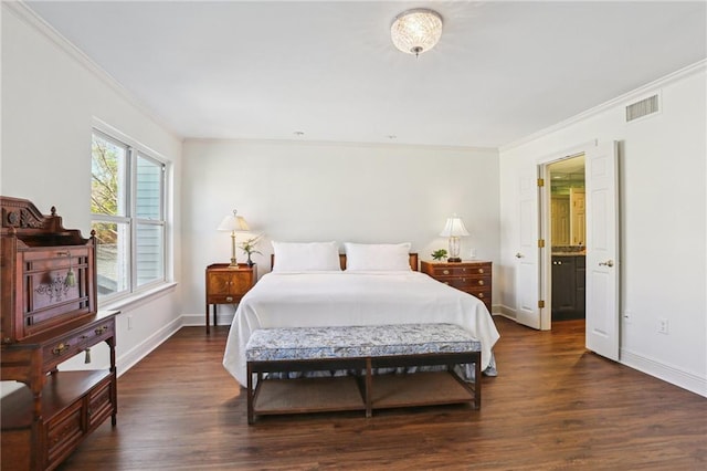 805 Rue Royal St, Metairie, LA 70005 - bedroom featuring visible vents, ornamental molding, baseboards, and dark wood-style flooring